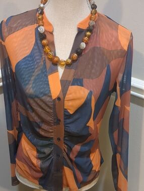 La Serein Abstract Orange and Navy Sheer Button-Up Blouse